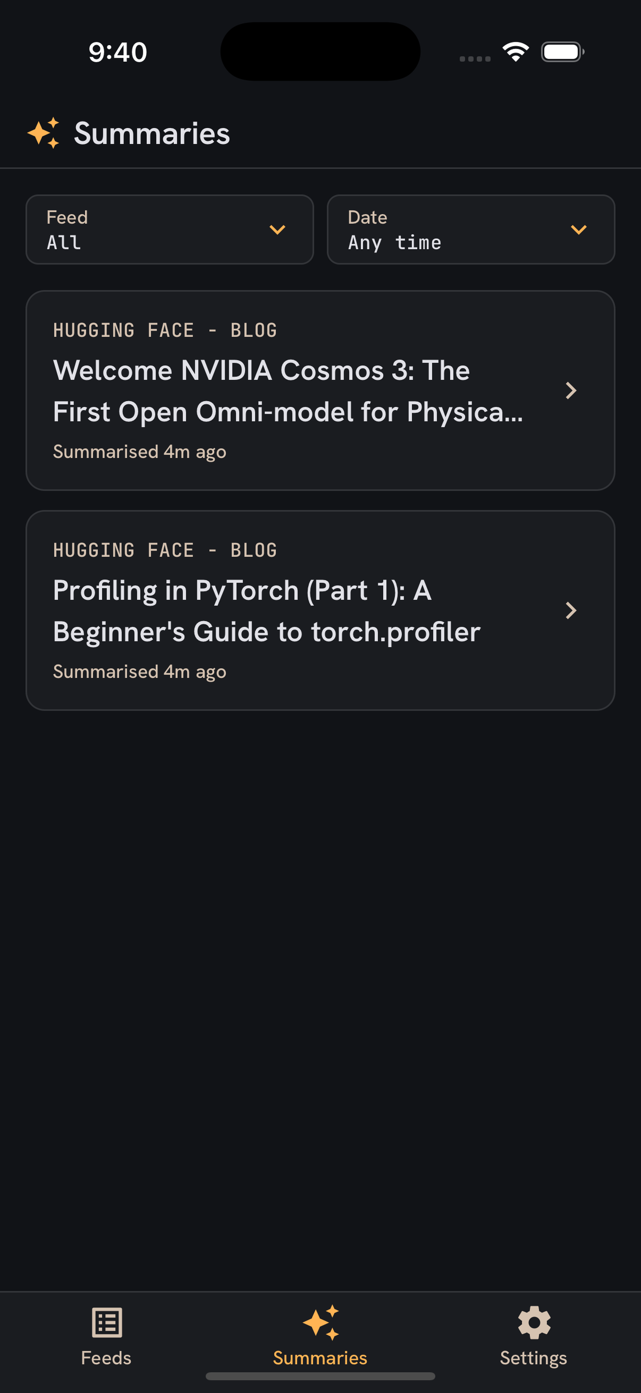 Summaries screen showing a concise summary per Article